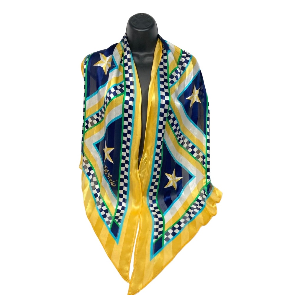 Bob Mackie Wearable Art Navy Blue & Yellow Silk Oblong Scarf 72x14